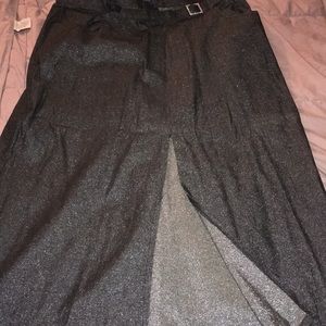 Soft black metallic denim full front split skirt