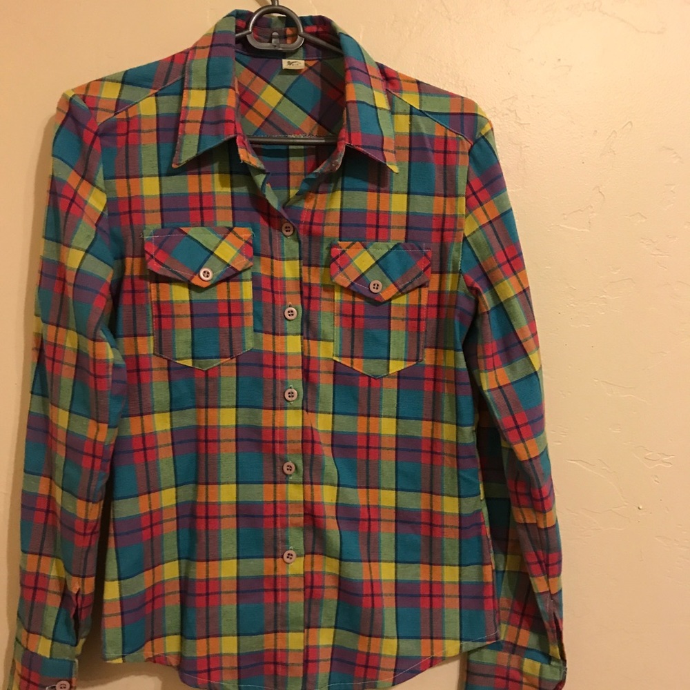 rainbow colored plaid button down