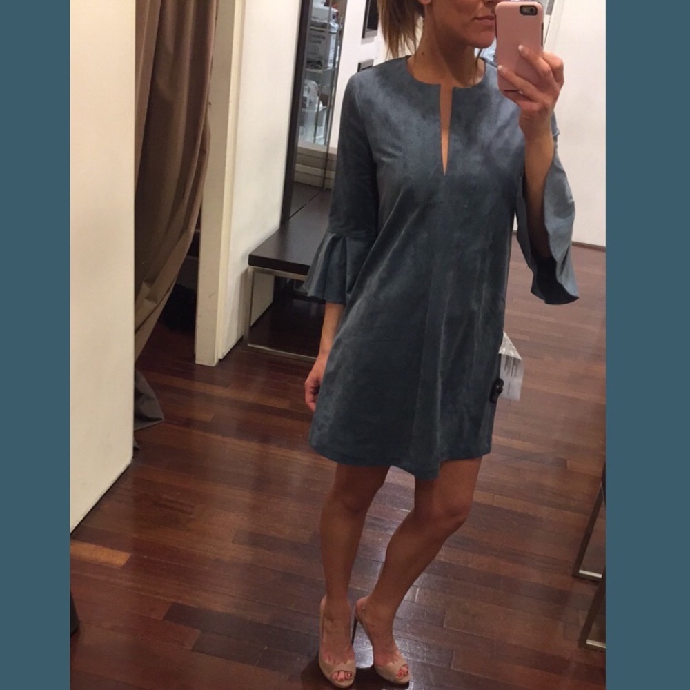 BCBG MAXAZRIA Blue Suede Bell Sleeve Dress