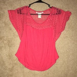 Coral/bright pink blouse with lace