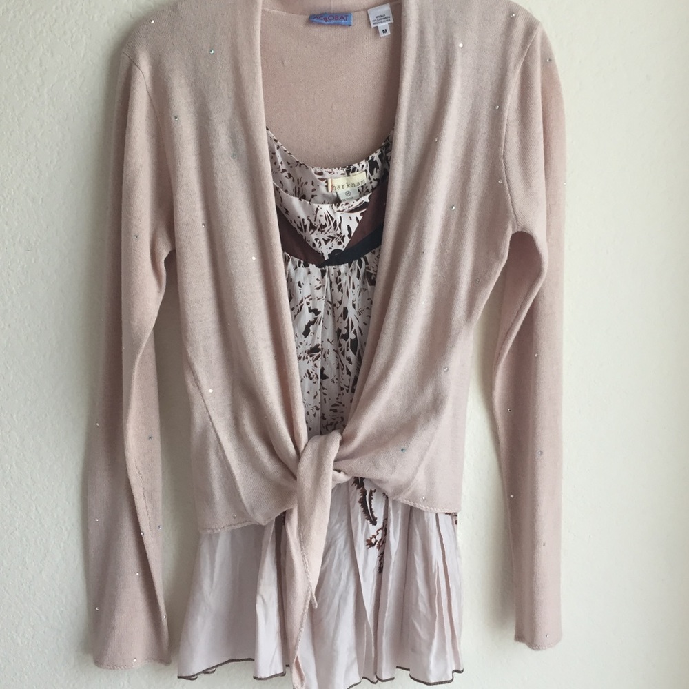 Dusty Beige/Pink Tie Cardigan w/rhinestones