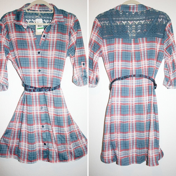 3-PIECE Crochet Back Plaid Dress, Belt & Slip NWT - Picture 4 of 8