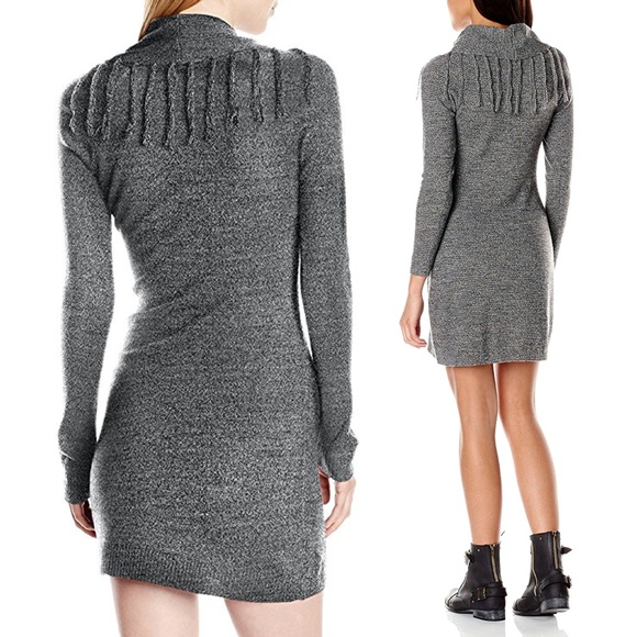 1 LEFT⚡ Fringe Cowl Neck Bodycon Sweater Dress NWT - Picture 2 of 8