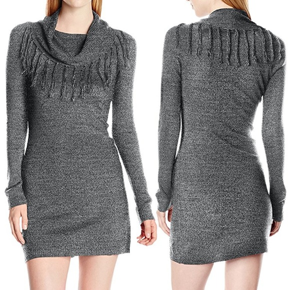 1 LEFT⚡ Fringe Cowl Neck Bodycon Sweater Dress NWT - Picture 8 of 8