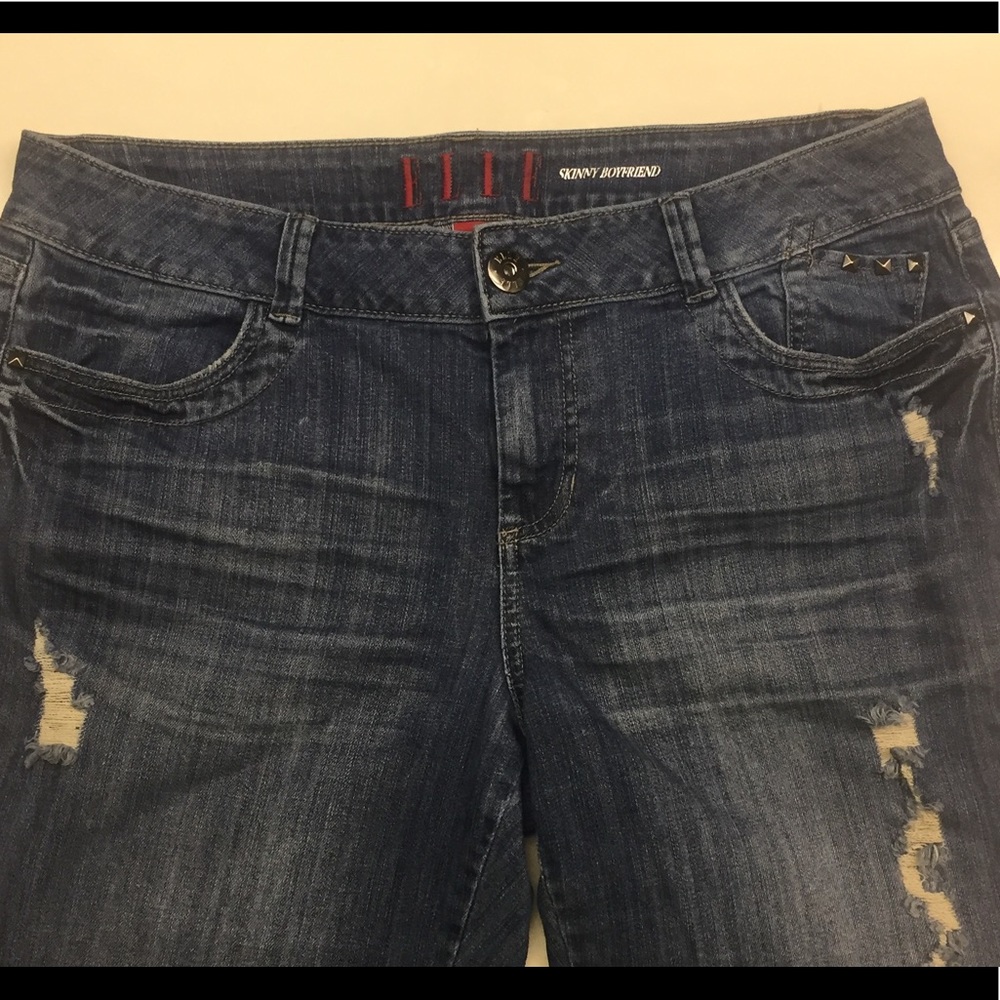 ELLE lightly destroyed skinny boyfriend jeans.