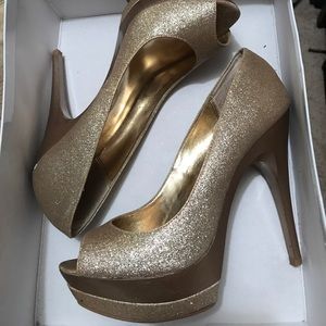 Platform gold peep toe stilettos