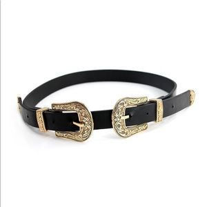 Western hobo black belt with double gold buckle