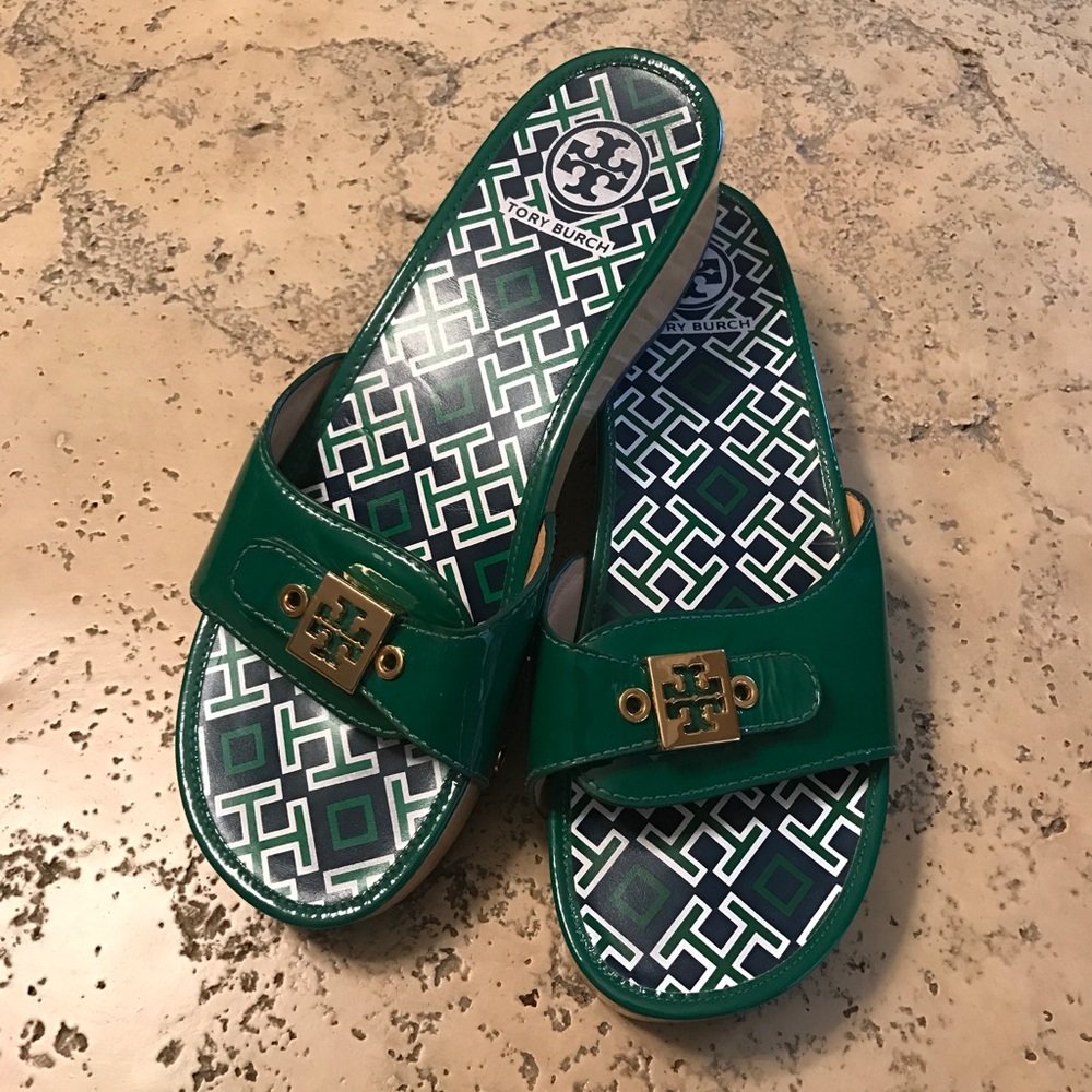 Tory Burch "Dixon" Green patent leather sandals