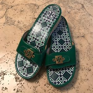 Tory Burch "Dixon" Green patent leather sandals