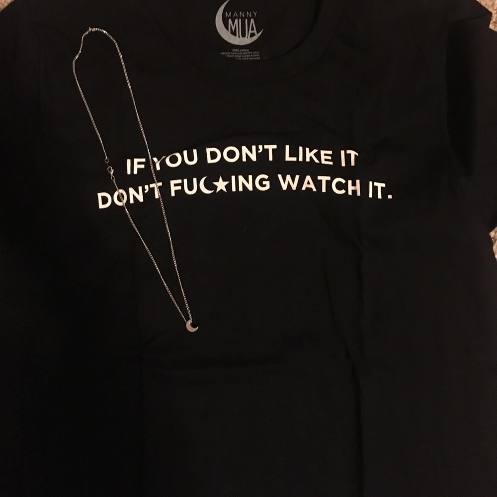 Manny Mua shirt and moon necklace