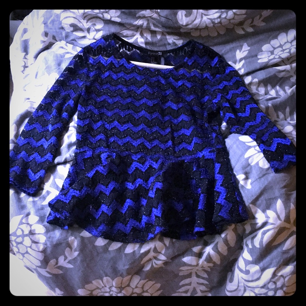 Blue and black see through lace peplum shirt