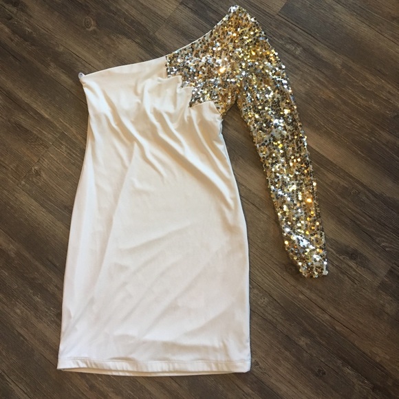 White/Gold Sequin Party Dress | Sz M - Picture 2 of 3