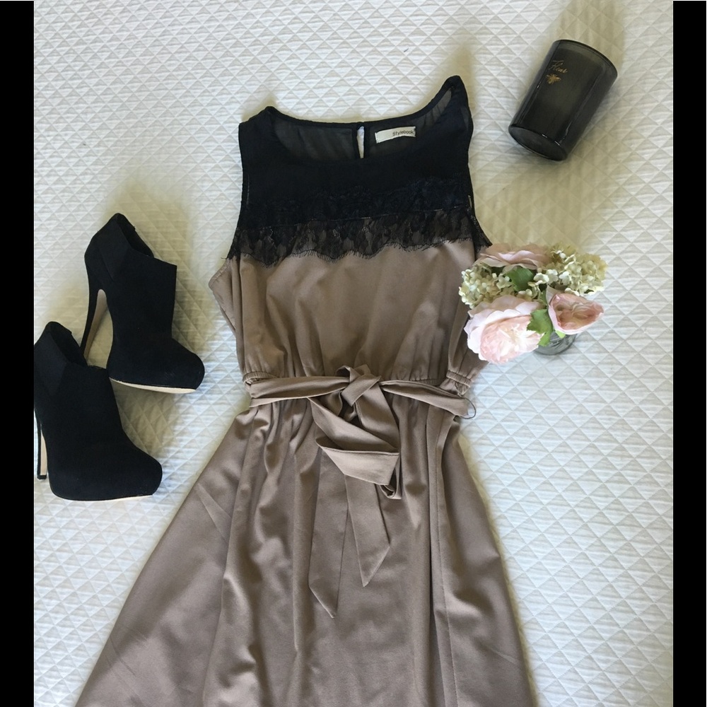 Tan Dress with Black Lace