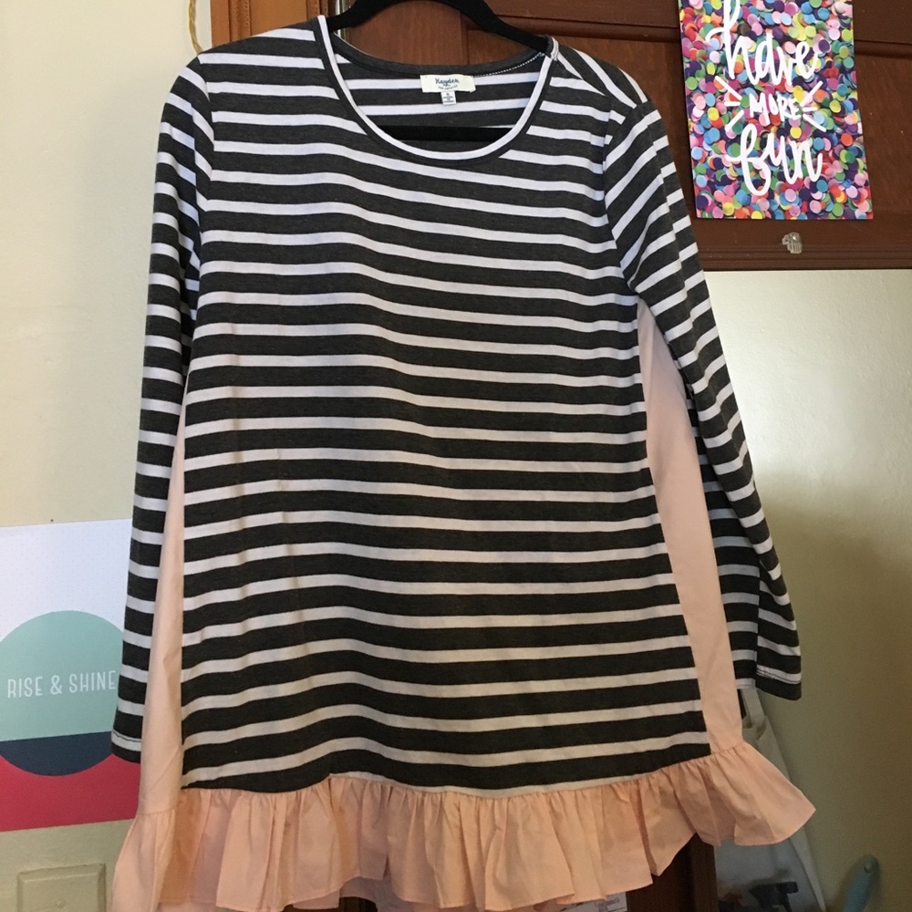Grey and White striped top with pink ruffle