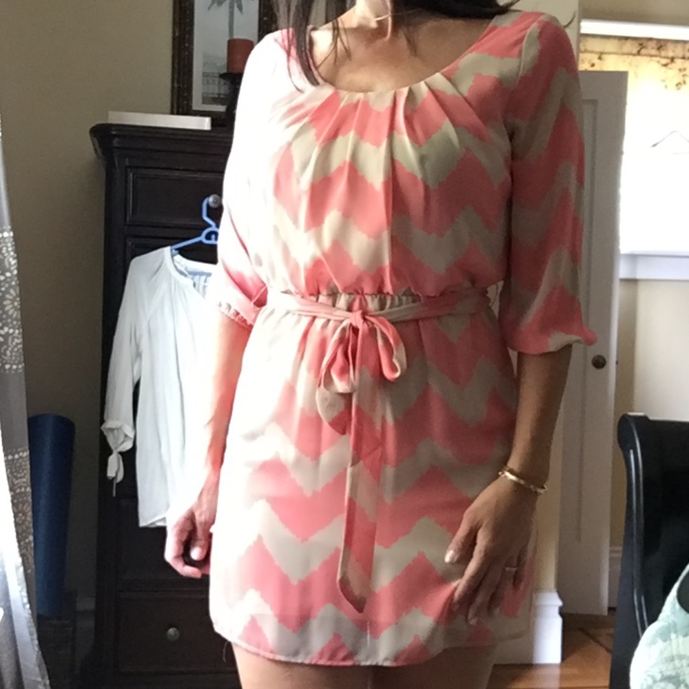 belted chevron print dress
