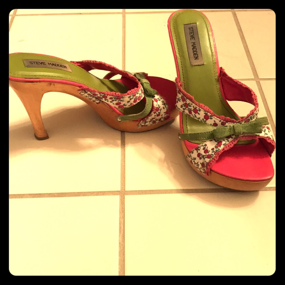 Pink and lime green wood stilettos