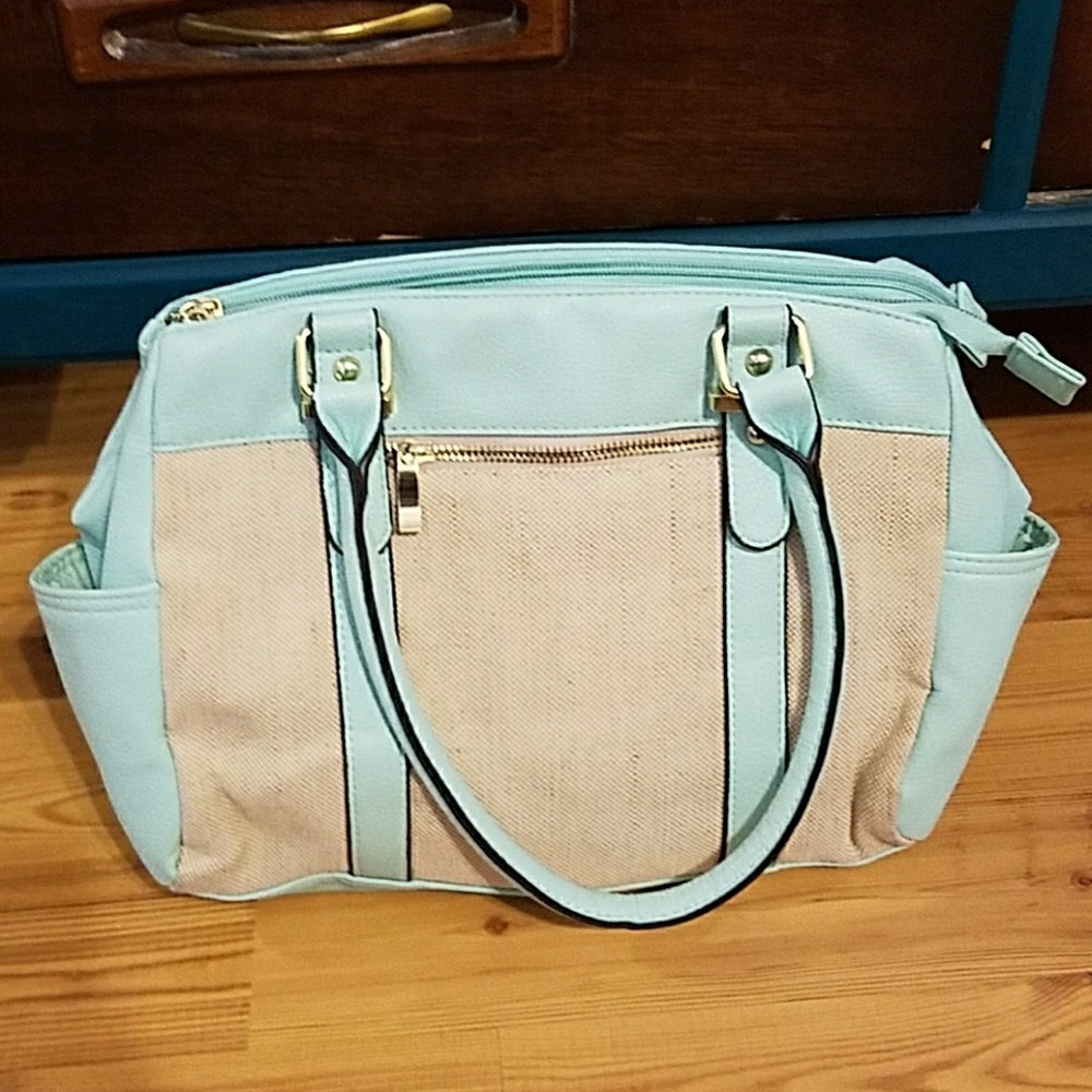 Tan and blue purse