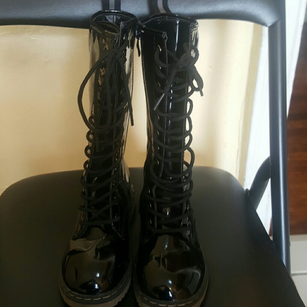 Black patent lace up riding boots