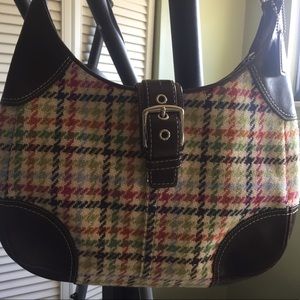 Wool Plaid Coach Bag with Brown Leather Trim.
