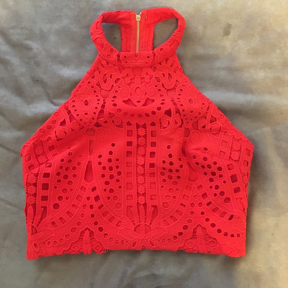 Red orange thick lace zip back crop top