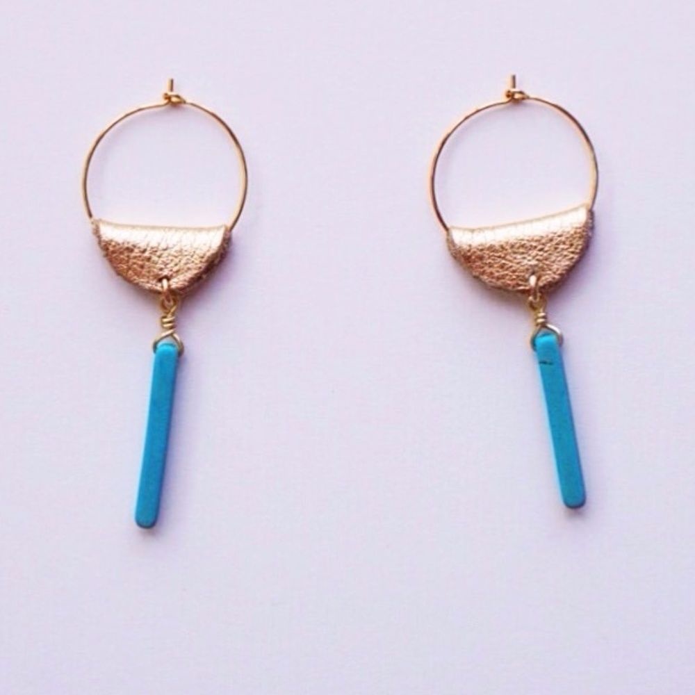 Turquoise and Gold Leather Hoop Earrings