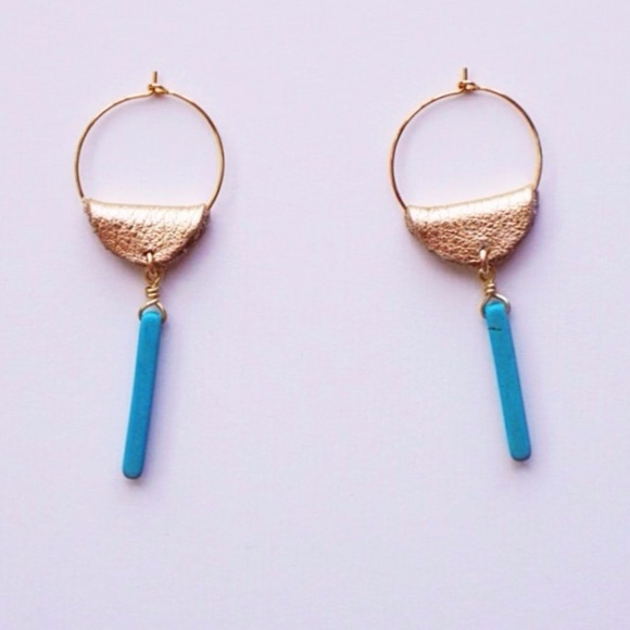 Turquoise and Gold Leather Hoop Earrings - Picture 1 of 1