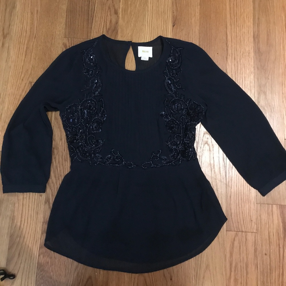 Anthropologie Navy Sequined Peplum Sheer Top