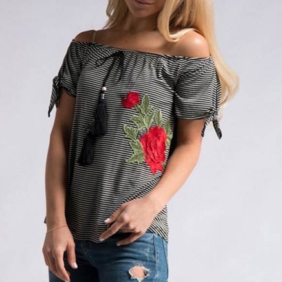 Embroidered Front Stripe Off Shoulder Top - Picture 2 of 2