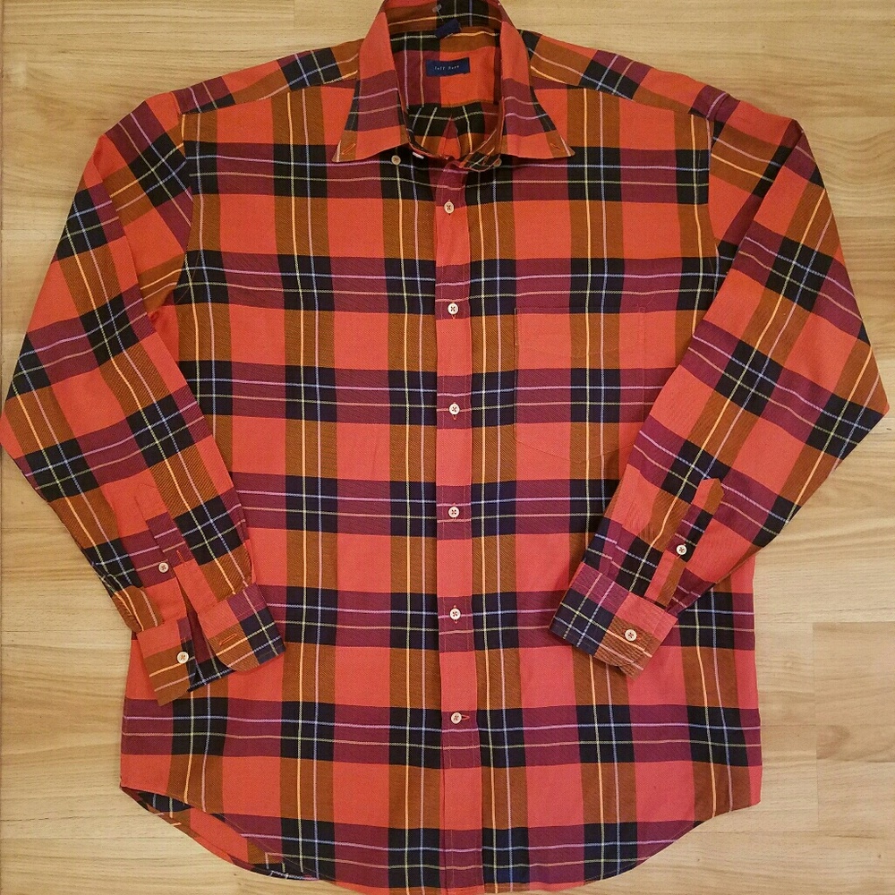 Jeff Rose Orange Navy Plaid Mens L Italian Shirt
