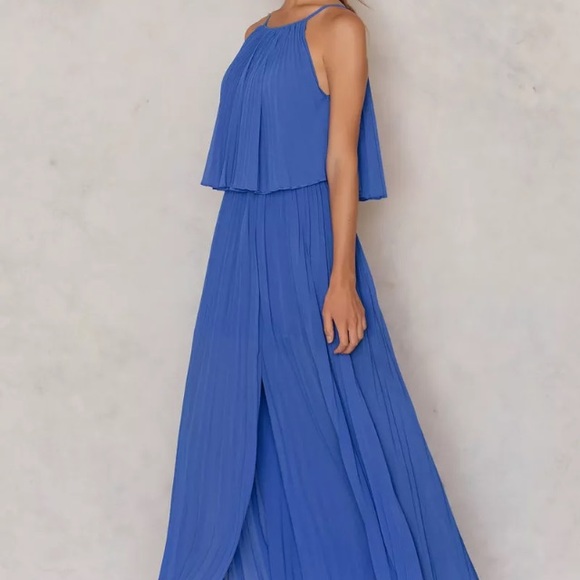 Women's Line & Dot Long Amelie Pleat Chiffon Dress Formal Maxi Azure Blue Small - Picture 8 of 15