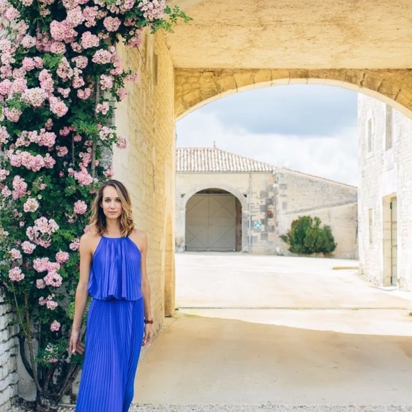 Women's Line & Dot Long Amelie Pleat Chiffon Dress Formal Maxi Azure Blue Small - Picture 10 of 15