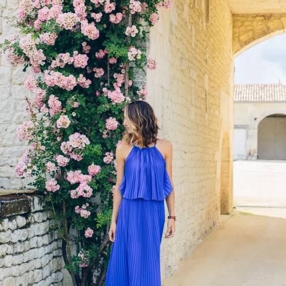Women's Line & Dot Long Amelie Pleat Chiffon Dress Formal Maxi Azure Blue Small - Picture 11 of 15