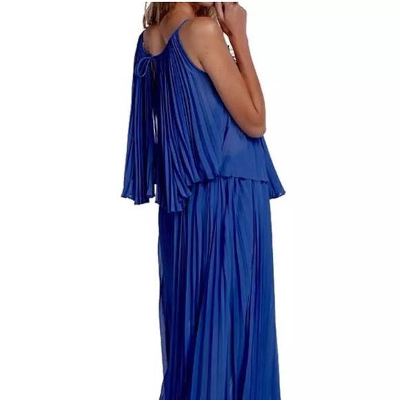 Women's Line & Dot Long Amelie Pleat Chiffon Dress Formal Maxi Azure Blue Small - Picture 14 of 15
