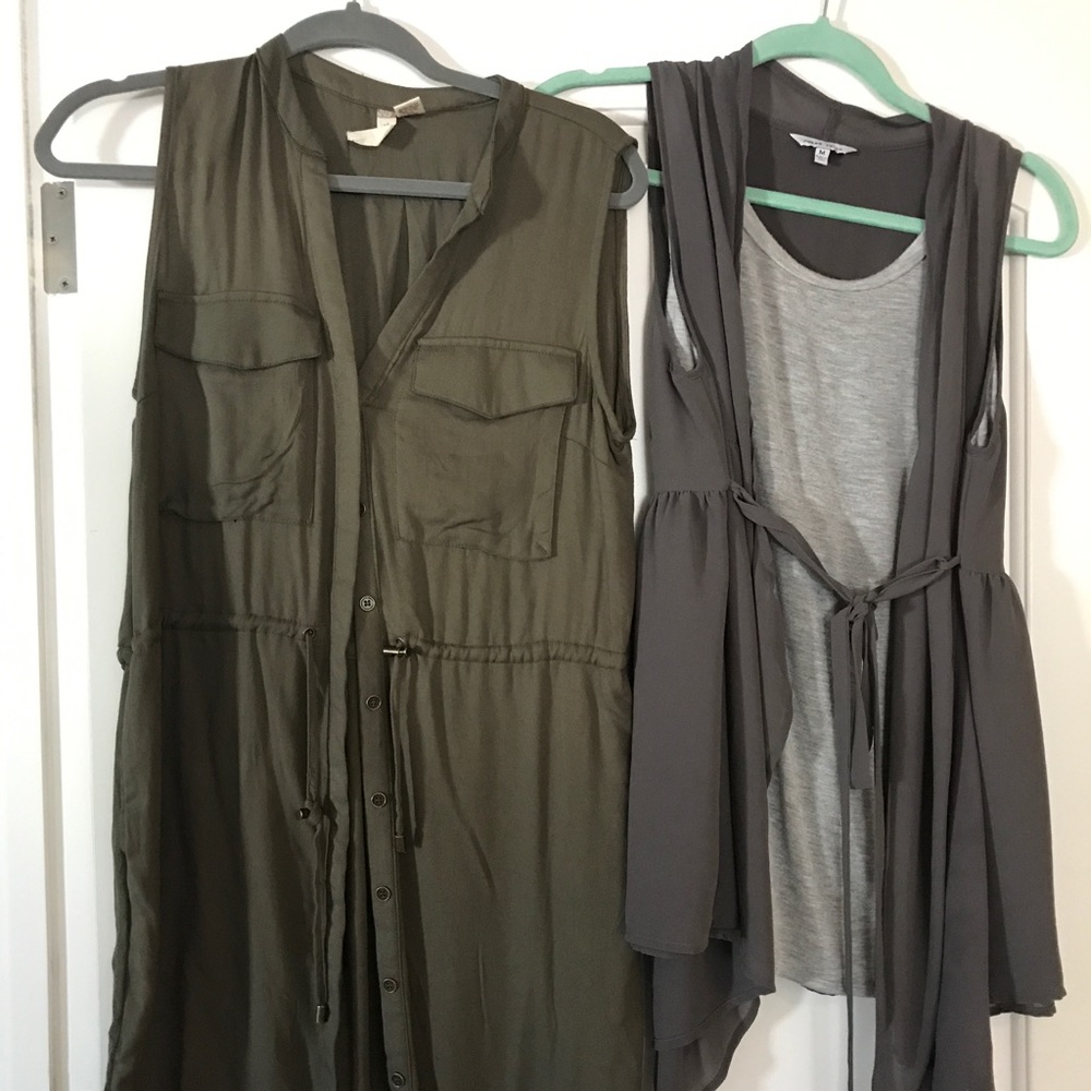 TWO items green olive dress & grey tie up shirt.