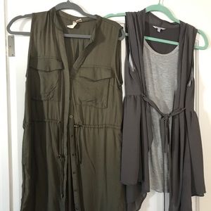 TWO items green olive dress & grey tie up shirt.