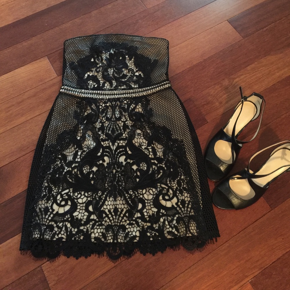 Black lace strapless express mini dress