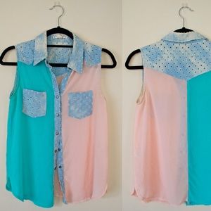 Multi-color Sleeveless Blouse w/ Denim Details
