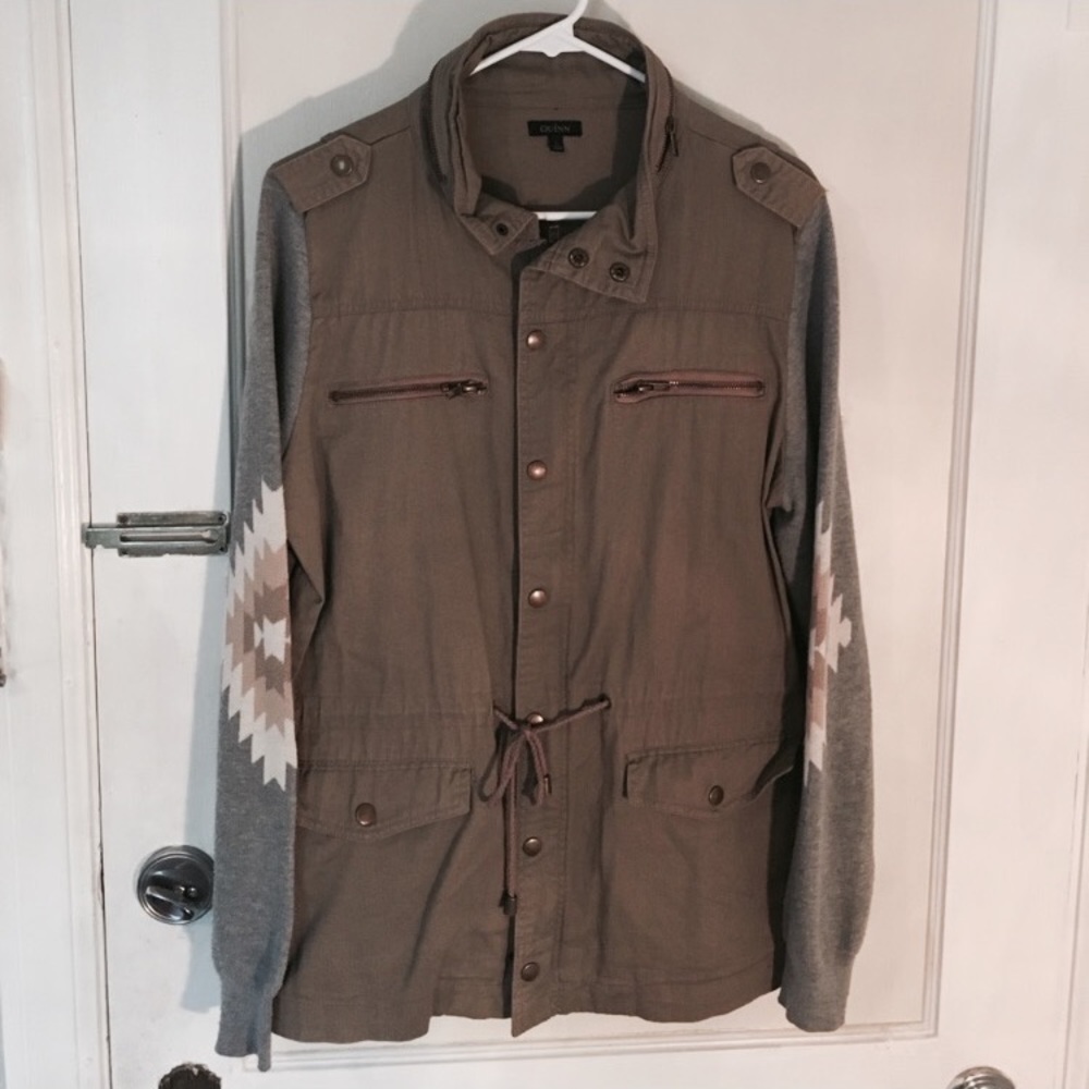 Tan Anorak Jacket with Tribal Print Sleeves