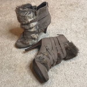 Faux fur and faux suede booties