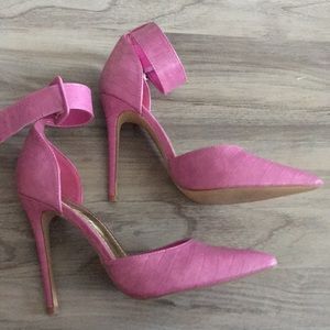 Lolashoetique ankle strap heel faux pink alligator