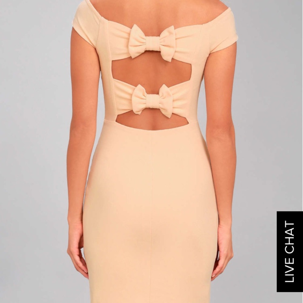 Lulu's off the shoulder beige fitted dress bowback