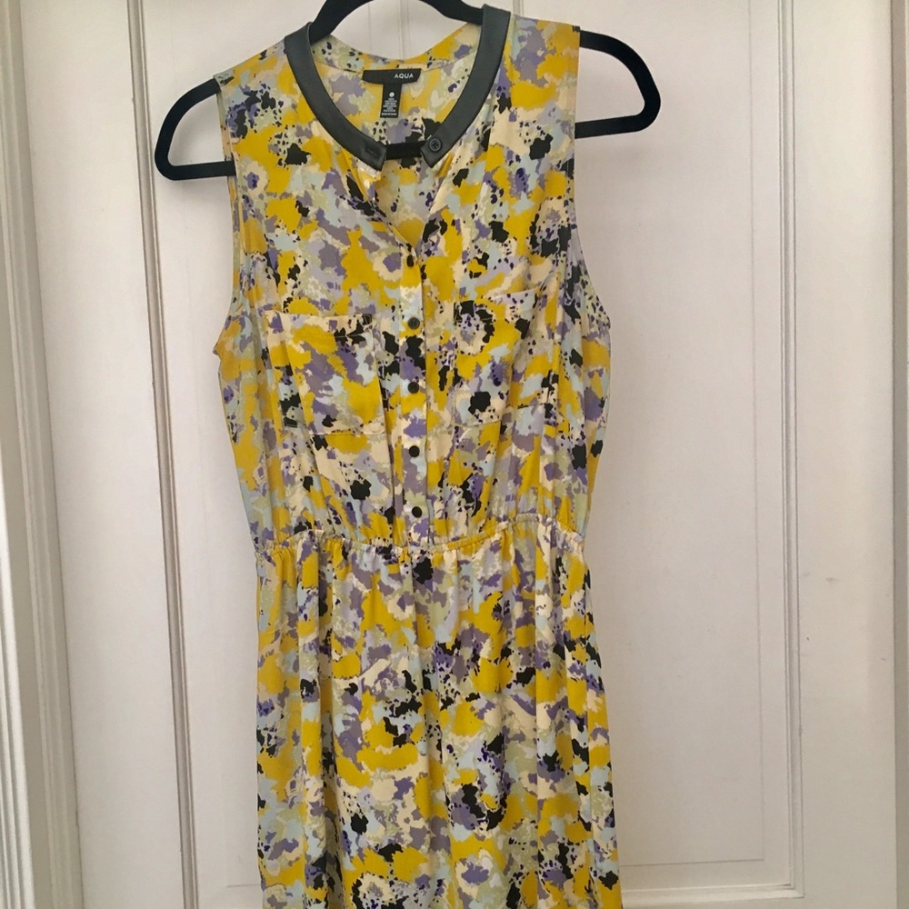 Aqua label floral dress with leather collar
