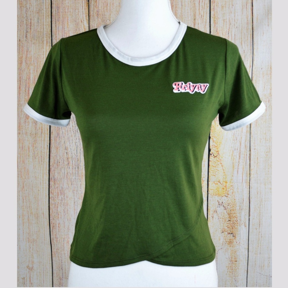 Friyay Patched Tulip-Hem Ringer T-Shirt Tee Top Sh