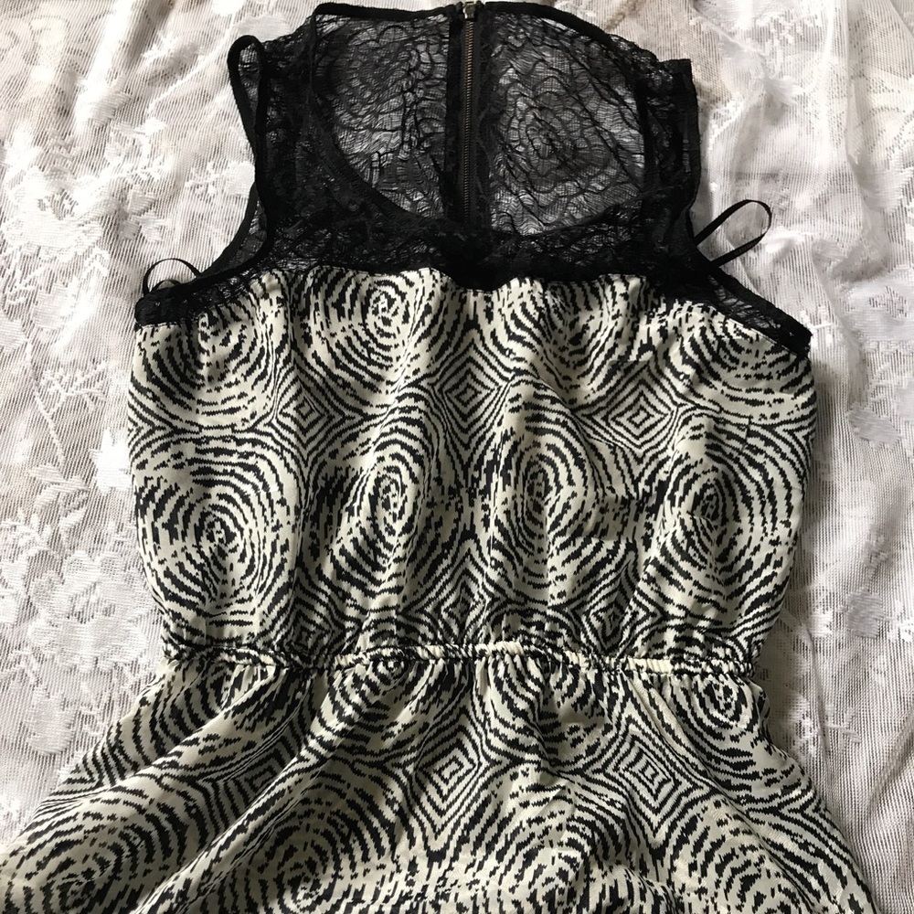 Black and White Blouse with Zipper and Lace Neck