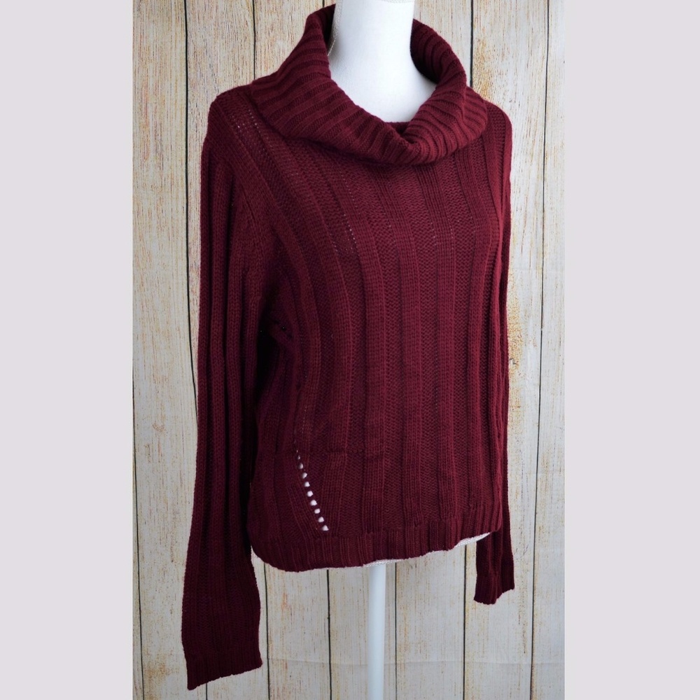 Rib-Knit Cowl-Neck Pullover Sweater Top Wine