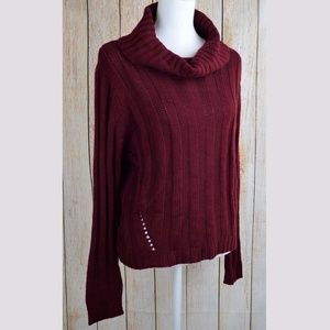 Rib-Knit Cowl-Neck Pullover Sweater Top Wine