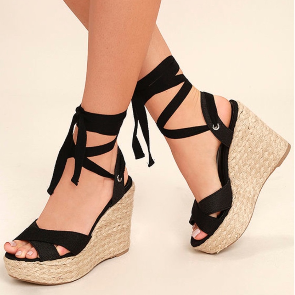 Lulu BLACK LACE-UP ESPADRILLE WEDGES