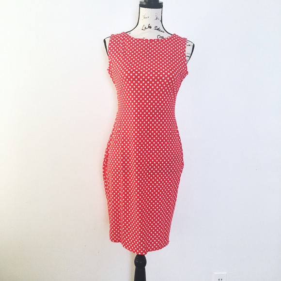 Red Backless Polka Dot Midi Bodycon Dress - Picture 3 of 5