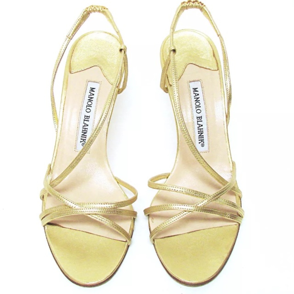 Authentic Manolo Blahnik Gold Strappy Heels 37 1/2