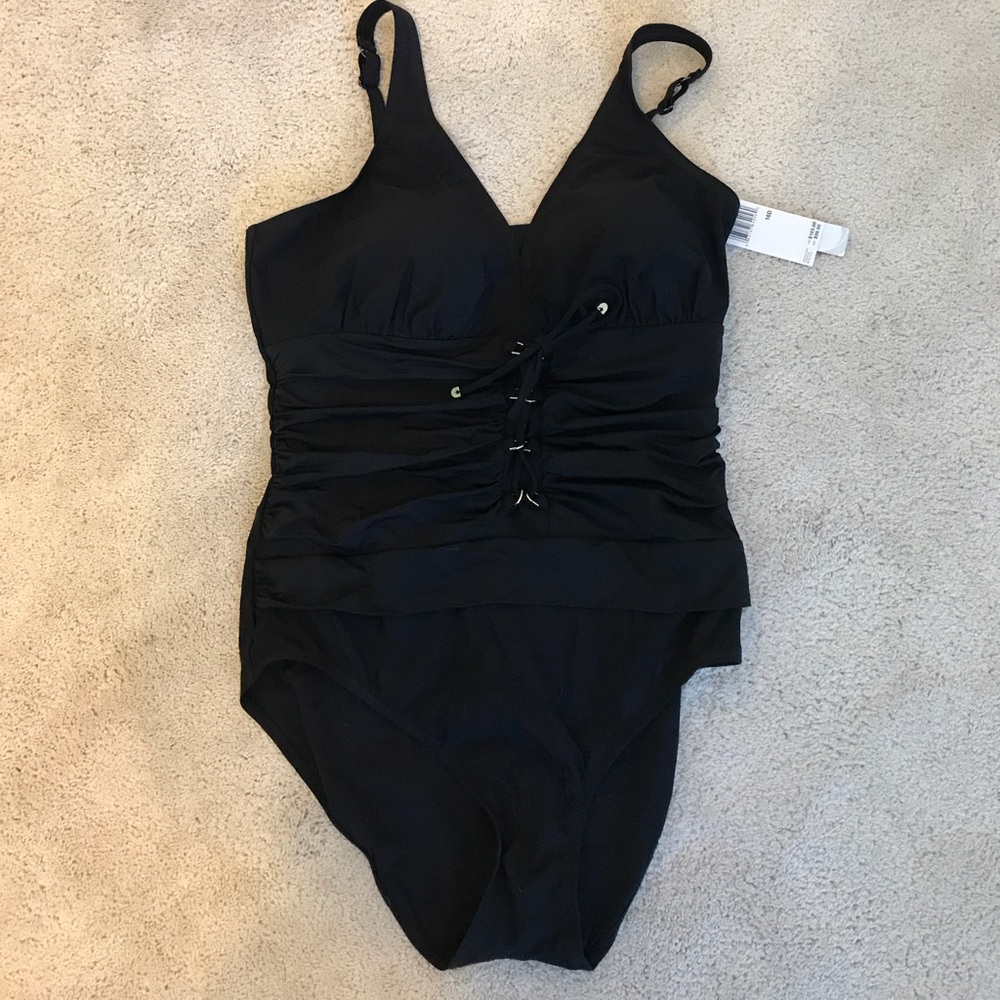 NWT black lace up front swim suit 16D!